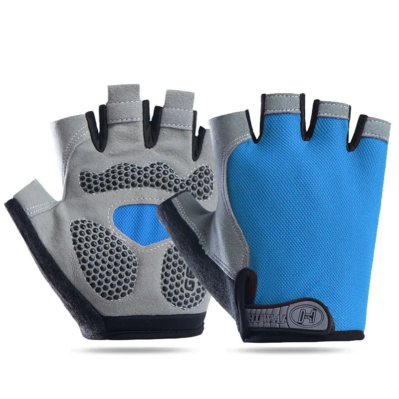 Blue half finger padded cycling gloves on white blackground