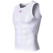White sleeveless mesh cycling base layer in side view with red logo