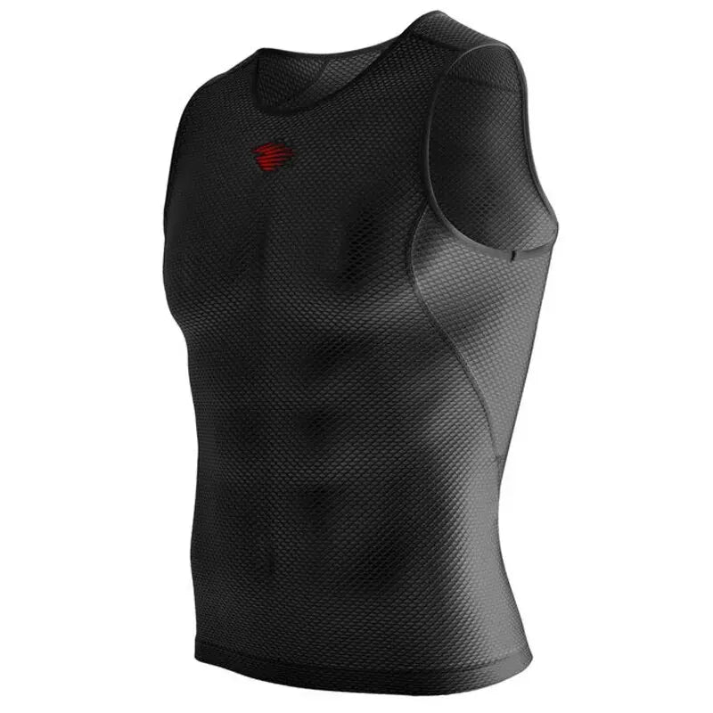 Black sleeveless mesh cycling base layer with crew neck and red logo