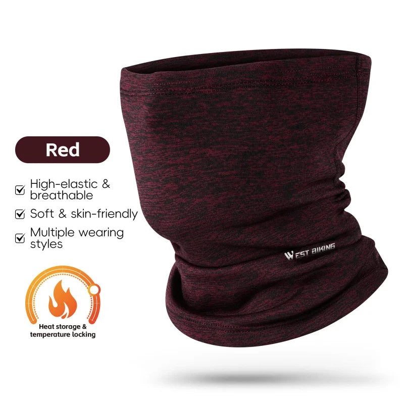 Red heather windproof cycling neck gaiter with logo at lower edge, soft stretchy fabric