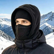 Black hooded balaclava worn with a mesh face mask panel and full head cover