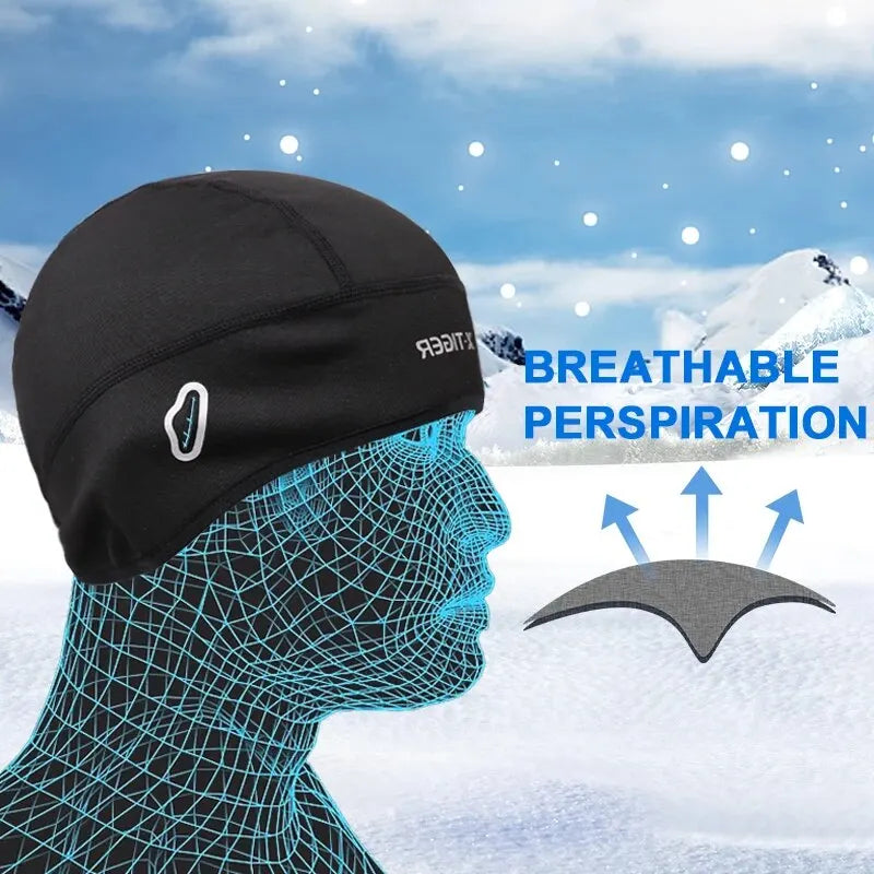 Black thermal cycling cap worn with goggles, fitted low-profile shape