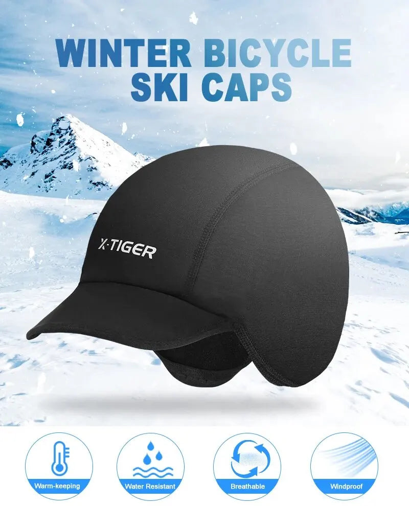 Black thermal visor cap with curved brim and full ear coverage