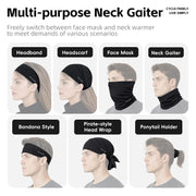 Multi-purpose neck gaiter with interchangeable styles shown, dark fabric