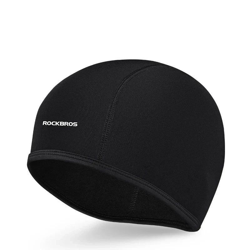Black thermal cycling skull cap with ROCKBROS logo, seam-lined curved brim
