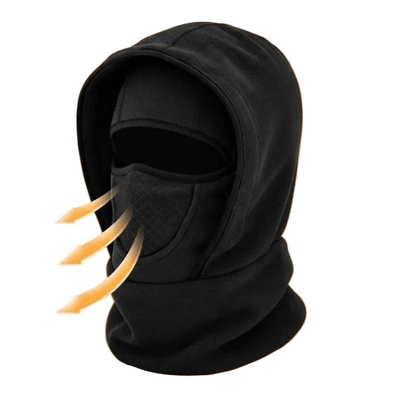 Black hooded cycling balaclava with face opening and mesh panel at the nose