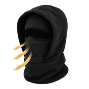 Black hooded cycling balaclava with face opening and mesh panel at the nose