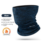 Blue heather windproof cycling neck gaiter with logo at lower edge, soft stretchy fabric