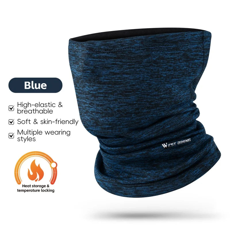 Blue heather windproof cycling neck gaiter with logo at lower edge, soft stretchy fabric