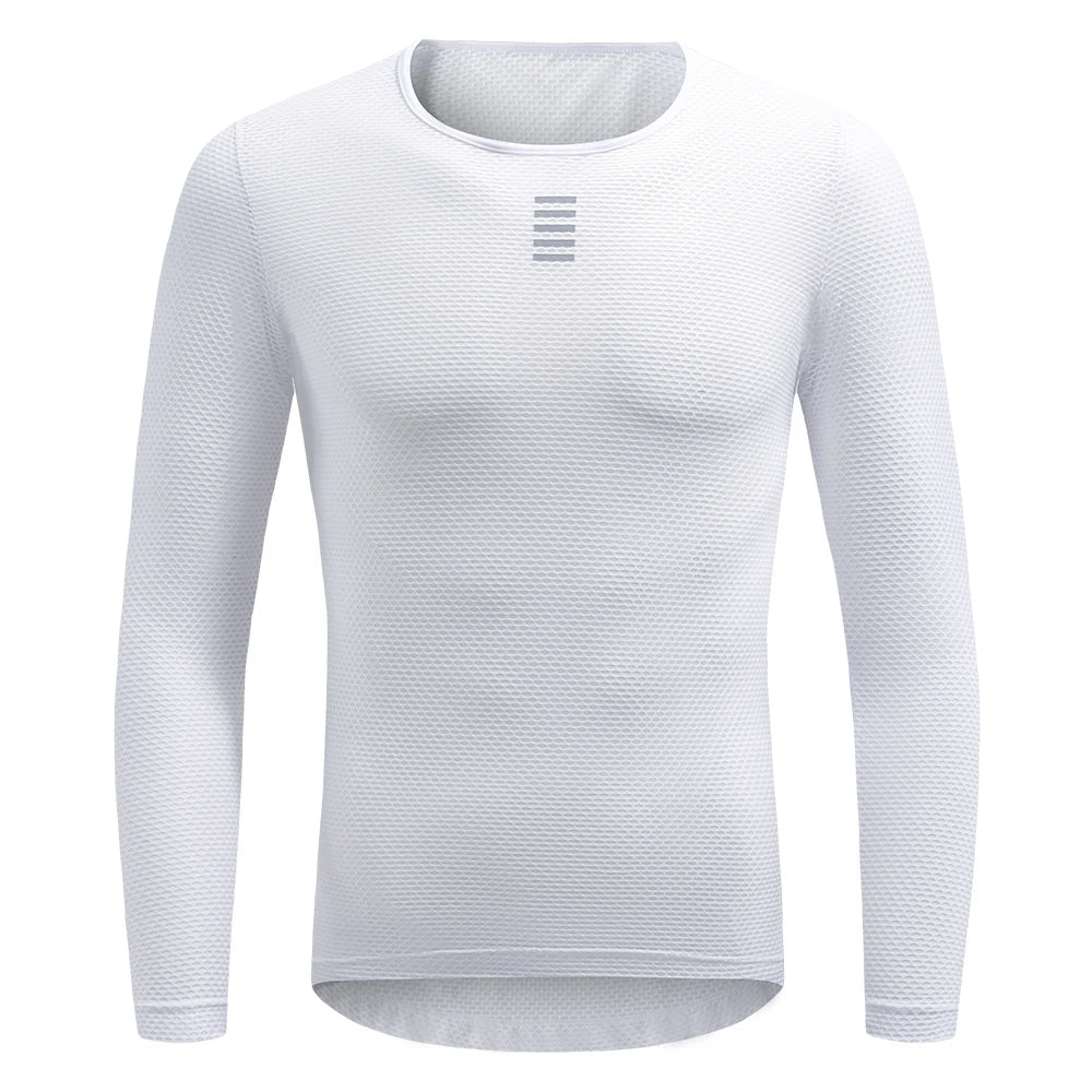 White long sleeve mesh base layer, crew neck textured 3D knit