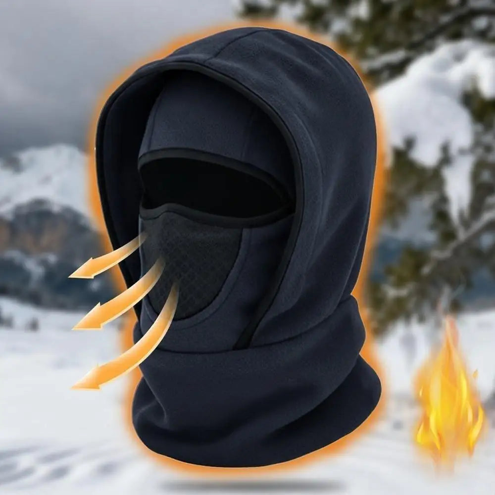 Dark navy hooded cycling balaclava with face opening and mesh panel at the nose