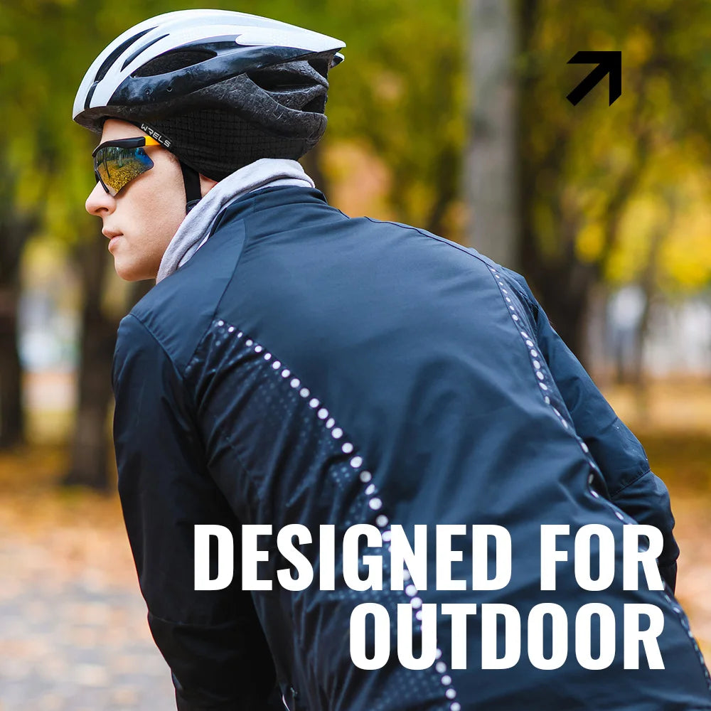 Black thermal cycling headband on model, textured knit, ear-covering fold