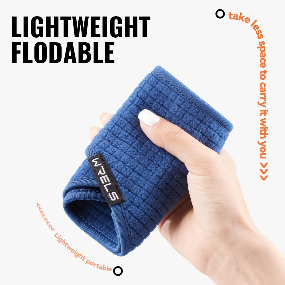 Blue thermal headband, lightweight foldable design, textured knit, WRELS logo