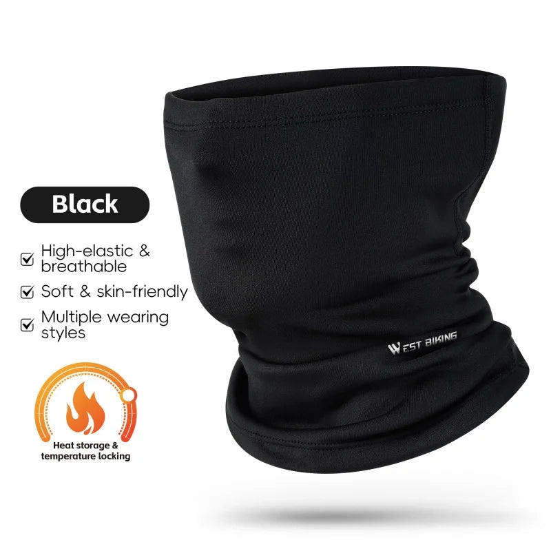 Black windproof cycling neck gaiter with logo at lower edge, soft stretchy fabric