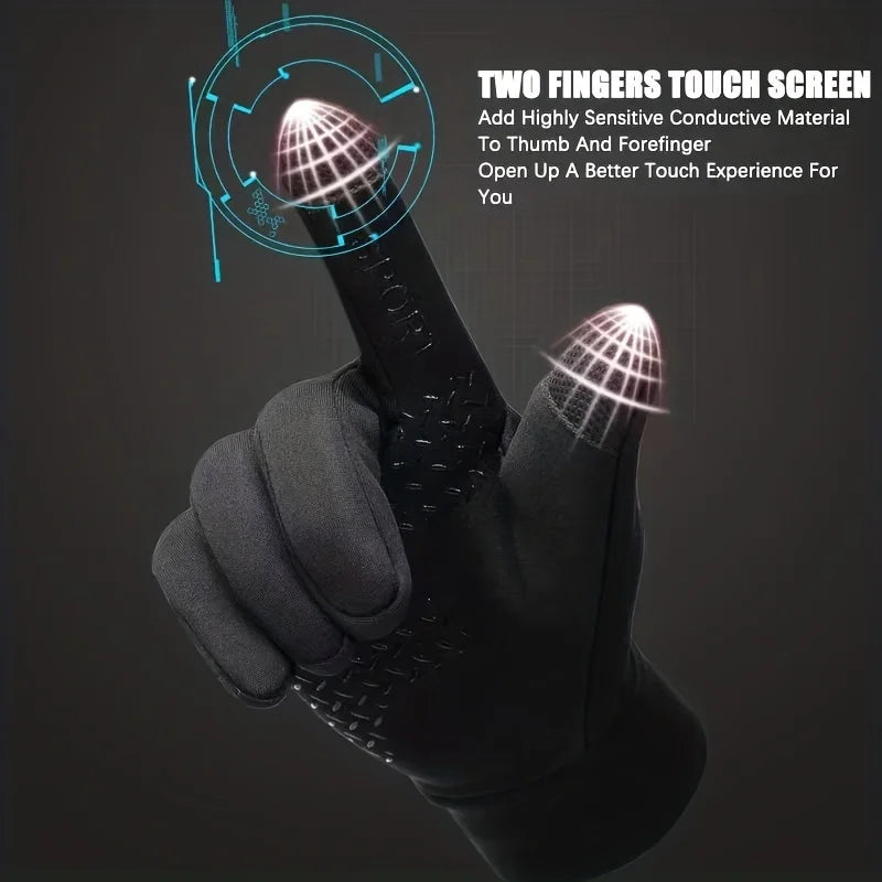 Dark thermal cycling glove with textured fingertips and grip pattern on palm