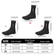 Black cycling shoe covers size silhouettes for M, L, and XL