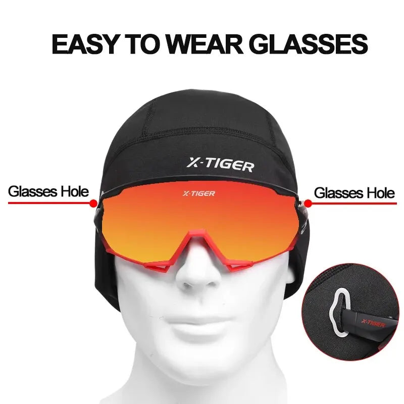 Black thermal cycling cap with X-TIGER logo and glasses hole attachment detail