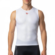 White sleeveless mesh cycling base layer with crew neck and red logo