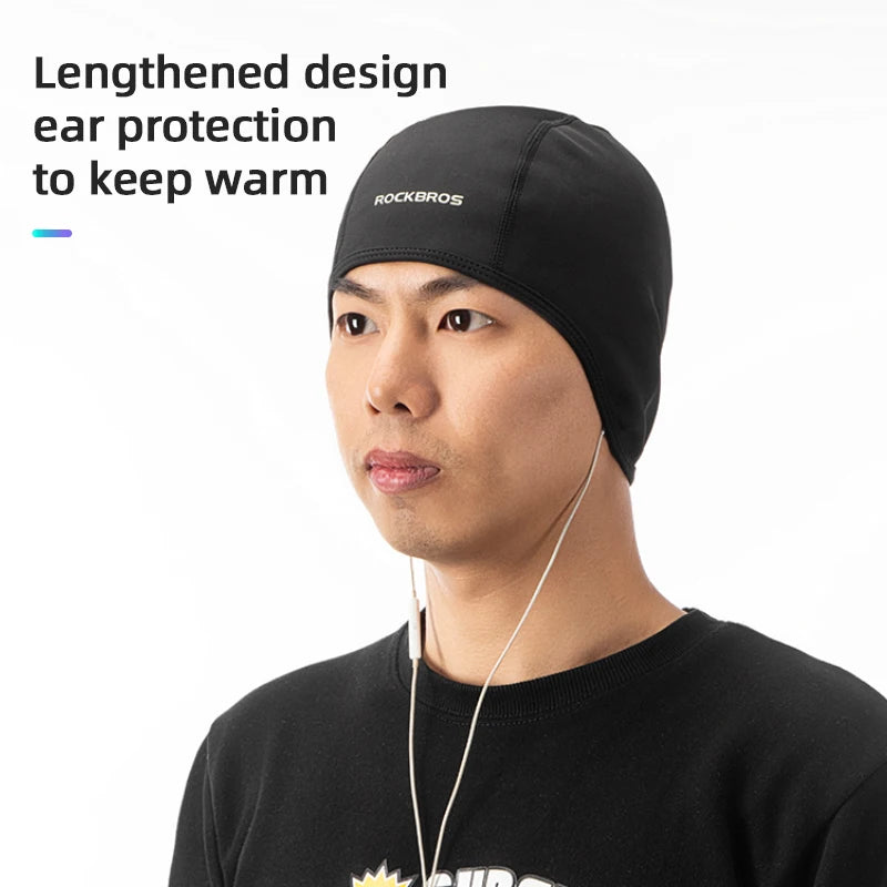 Black thermal cycling skull cap covering ears, ROCKBROS logo on front
