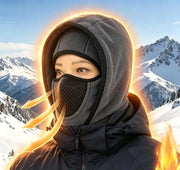Gray hooded cycling balaclava worn with a mesh face mask panel