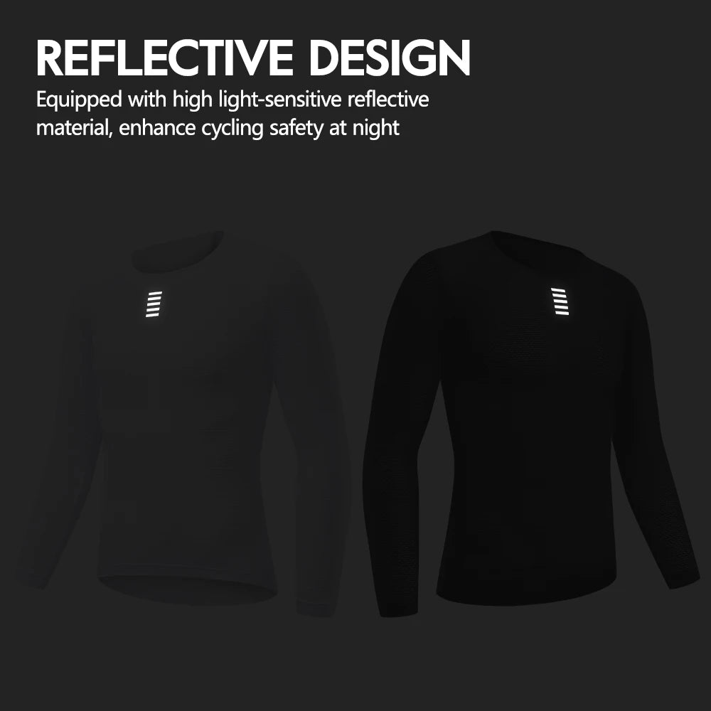 Black long sleeve mesh base layer with reflective strip logo on chest