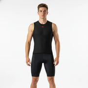 Black mesh sleeveless cycling base layer worn under black bib shorts