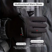 Black thermal cycling gloves with padded knuckles and stitched palm