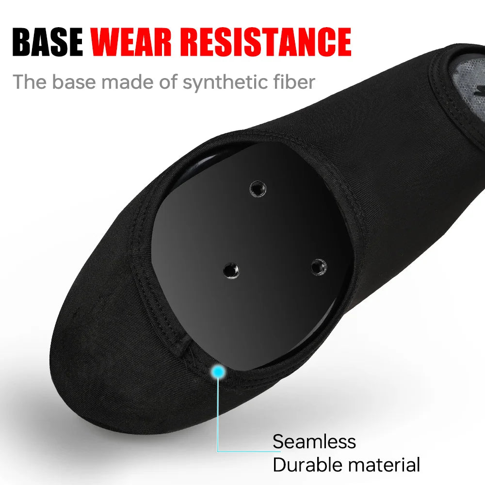 Black cycling shoe cover with reinforced sole area and smooth seamless upper, close-up