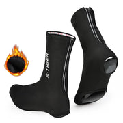 Black cycling shoe covers with side zipper and toe opening, pair view