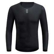Black long sleeve mesh base layer, crew neck front view with small reflective marks
