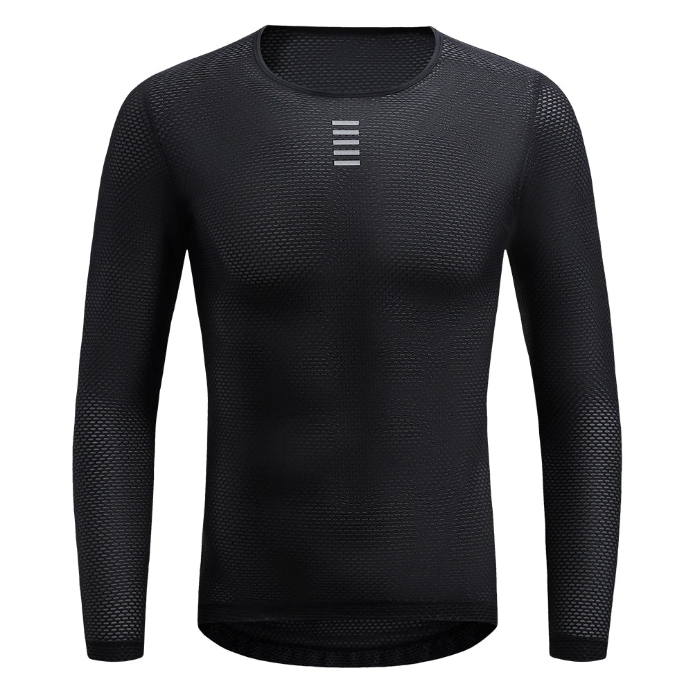 Black long sleeve mesh base layer, crew neck front view with small reflective marks