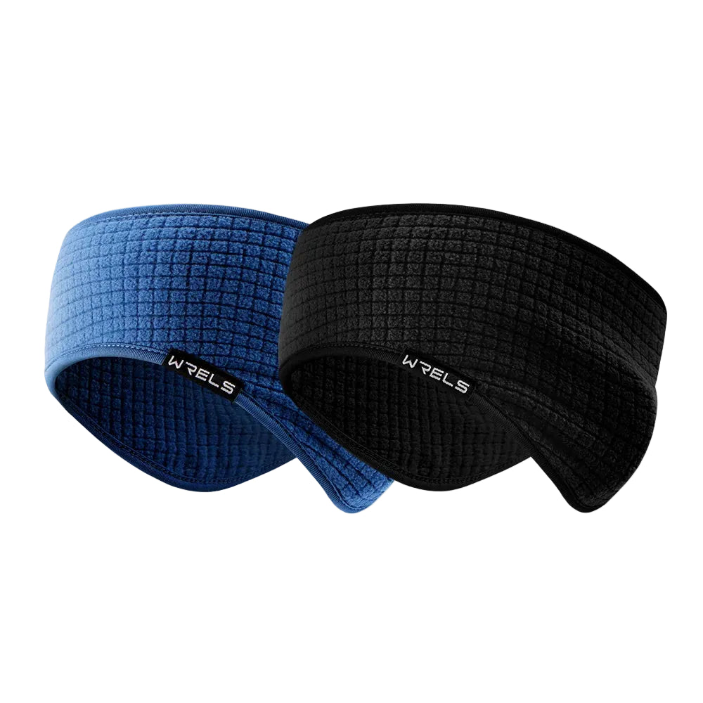 Blue thermal cycling headband, textured knit, folded ear coverage, WRELS logo