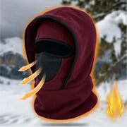 Burgundy hooded cycling balaclava with face opening and mesh panel at the nose