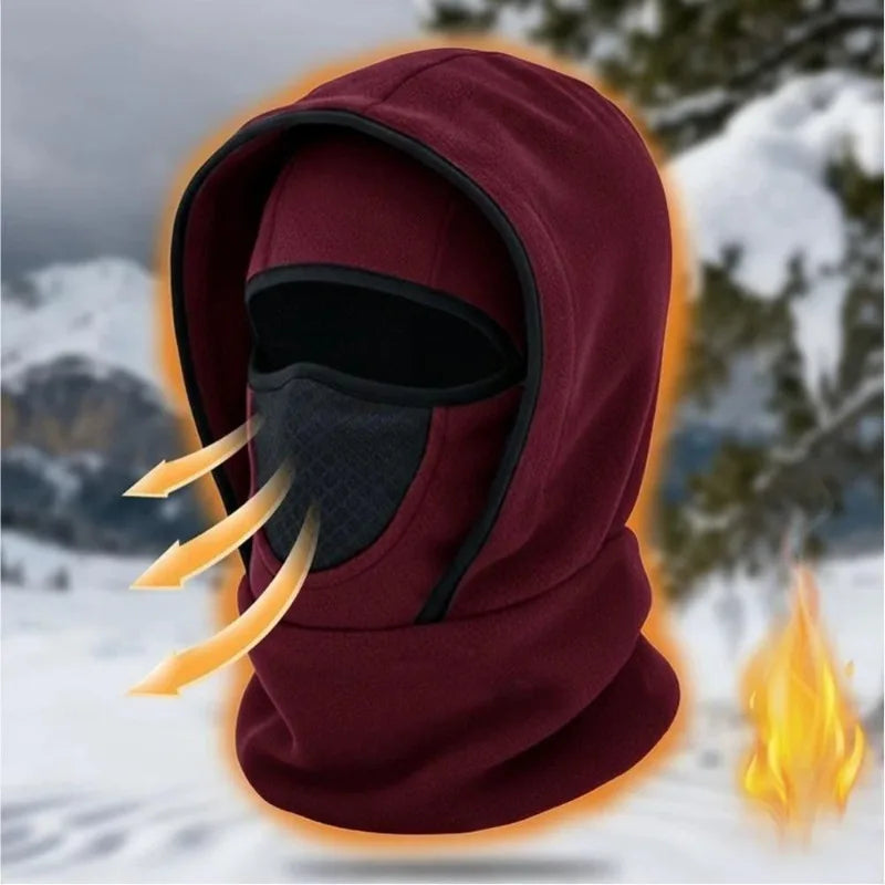 Burgundy hooded cycling balaclava with face opening and mesh panel at the nose