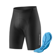 Black cycling shorts with a blue padded insert, shown on a clean white background. The brand name ROCKBROS is printed vertically in white on the lower right leg of the shorts.
